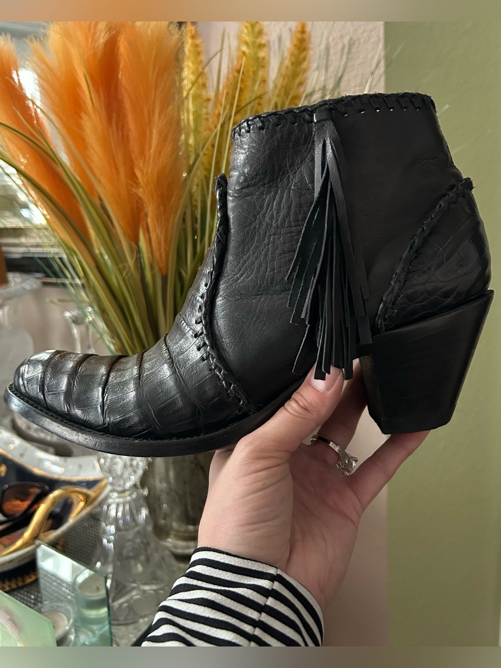 Old Gringo Black Croc Embossed Leather Fringe Ankle Booties Size 10
